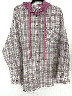 Ashlee Marie Boutique Pink Plaid Hooded Button-Up Tunic Size 1X